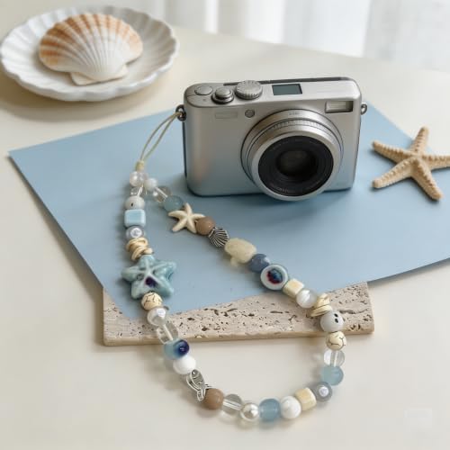 2 Pcs Phone Charm Strap Hand Wrist Strap Camera Lanyard Pearl Beaded Cute Chain String Accessories Universal for iPhone 17 Pro Max 16 15 14 for Samsung Women Girls Keychain Summer Ocean Star and Shell - Image 3