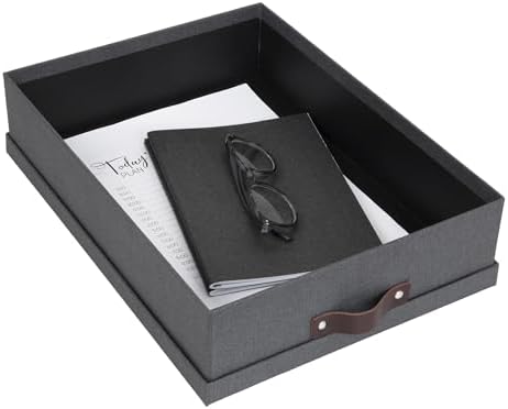 Bigso Oskar Canvas Fiberboard Document Letter Box for Important Paperwork A4 or Letter Size - Durable Keepsake Box with Lid and Leather Handle - 3.3in x 10.2in x 13.8in - Black - Image 4