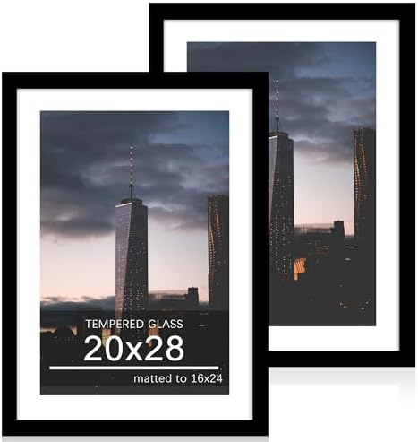 20x28 Poster Frame Set of 2, 20 x 28 Wood Picture Frames with Mat for 16x24, Wooden Photo Frame with Tempered Glass Cover for Wall Mounting Display, Black by CCDCC
