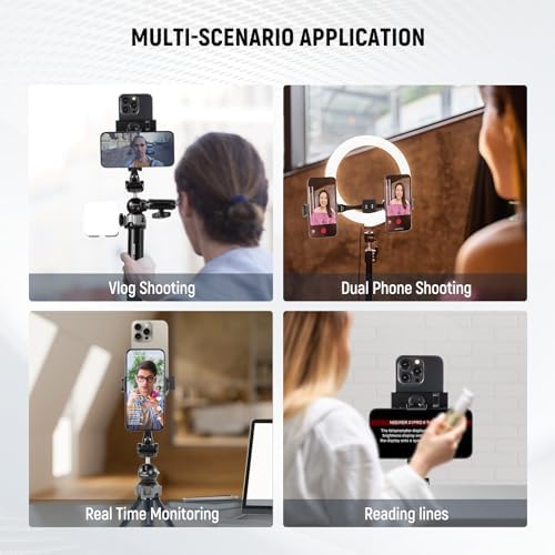 NEEWER Metal Phone Tripod Mount Adapter with Arca QR Base, 360° Rotatable Dual Cell Phone Clip Clamp Holder with 4 Cold Shoes Compatible with iPhone Samsung for Vlog Live Stream Video Recording, SP-08 - Image 2