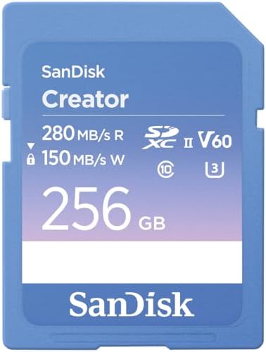 SANDISK 256GB Creator SD UHS-II Card, Read speeds up to 280MB/s, for DSLR and Mirrorless Cameras, 4K UHD, 6K Video, V60, 1 Month of Adobe Creative Cloud Included - SDSDXEP-256G-GNCIS by Unknown