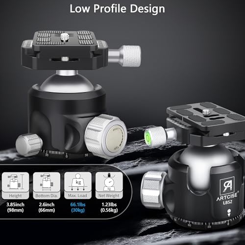 Low Profile Ball Head Tripod Mount Ball Head 52mm Diameter ARTCISE LB52 All Metal CNC Machining with Two 1/4" Quick Release Plates for Tripod, Monopod, DSLR, Camcorder，Max Load 66lbs /30kg - Image 2