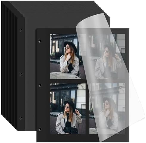 VOKOY 25 Sheets/50 Pages Photo Album Pages for 3 Ring Binder, Black Self Adhesive Scrapbooking Album Refill Pages Replacement Photo Album Sheets for 2x3 4x6 5x7 8x10 Photo or Cards, 11 x 9 Inch by VOKOY
