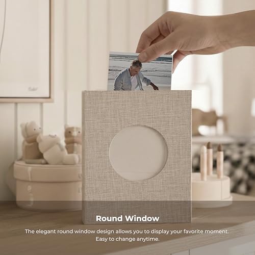 Vienrose Photo Album 4x6 Photos 100 Pockets Linen Cover Slip-in Photo Book with Round Window for Wedding, Vacation Memories, Personalized Picture Organizer, Beige - Image 3