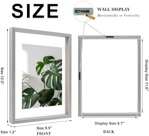 Egofine 9x12 Floating Frames Set of 2, Double Plexiglass Picture Frame, Made of Solid Wood Display Any Size Photo up to 9x12, Wall Mount or Tabletop Standing, Light Grey - Image 2
