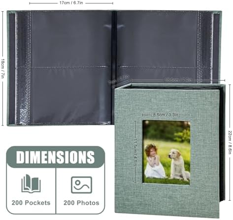 Photo Album 4x6 with 200 Pockets, Slip-in Picture Albums, Linen Cover Memory Book with Front Window, Black Page Vertical Photo Book for Wedding, Family, Anniversary, Baby, Vacation(Green) - Image 6