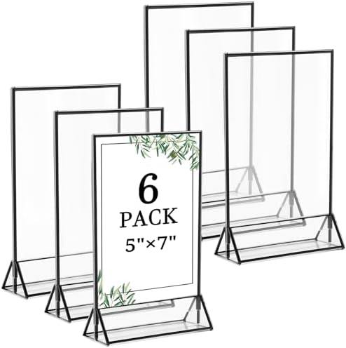 Floroom 6 Pack 5x7 Inch Clear Acrylic Sign Holders, Double-Sided Black Display Stand Picture Frames for Table Numbers, Menus, Flyers, Weddings, and Offices by Floroom