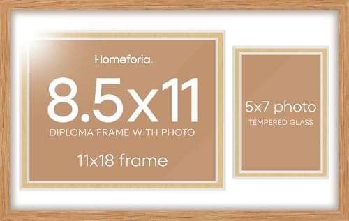 Homeforia 11x18 Natural Oak Diploma Frame, High-End Wood, 8.5x11 & 5x7 Mat by Homeforia