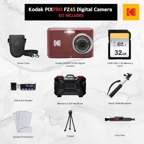 Kodak PIXPRO FZ45 Digital Camera + 32GB Memory Card + Point and Shoot Camera Case + Extendable Monopod + Lens Cleaning Pen + LCD Screen Protectors + Table Top Tripod Ultimate Bundle (Red) - Image 2