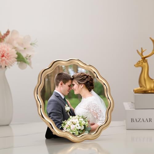 High-End Gold 4x4'' Round Zinc Alloy Picture Frames,Unique Wave Design,Heavy Weight Photo Frame with Premiunm Soft Velvet & Backing for Tabletop or Home Decor - Image 2