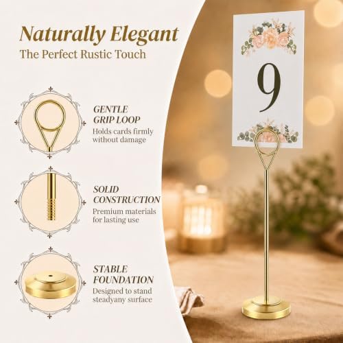 Radezon 12 Pack Gold Table Number Holders, 8inch Weighted Base Place Card Holders for Outdoor Wedding, Windproof Sturdy Metal Photo Stands for Reception Tables, Parties & Events - Image 3