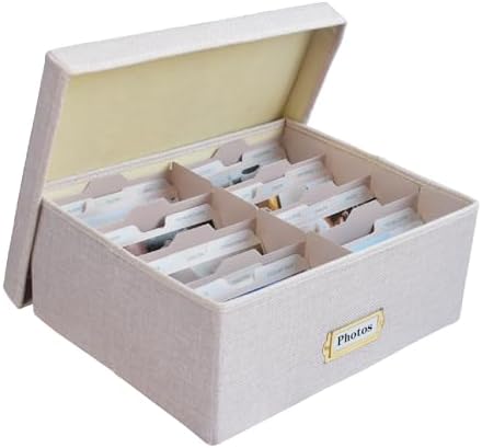 Linen Photo Storage Box – Holds 1700 Photos, Photo Organizer with Lid for Photo, Pictures, 24 Adjustable Dividers & 72 Labels Multi-Use Organizer Memory Box for Envelopes, Baby, Wedding, Cards Beige by Sprsthai
