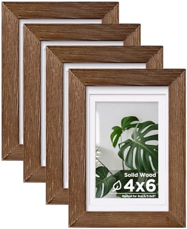 Egofine 4x6 Picture Frames Set of 4, Made of Solid Wood Covered by Plexiglass 3x4.5 and 3.5x5 with Mat or 4x6 without Mat, for Table Top Display and Wall Mounting Photo Frame,Walnut Brown by Egofine
