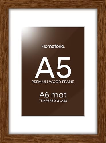 Homeforia A5 Brown Oak Picture Frame, High-End Wood, A6 Mat, Glass by Homeforia