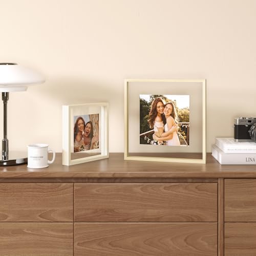 Egofine 8x8 Floating Frames Set of 2, Double Plexiglass Picture Frame, Made of Solid Wood Display Any Size Photo up to 8x8, Wall Mount or Tabletop Standing, Beige - Image 4