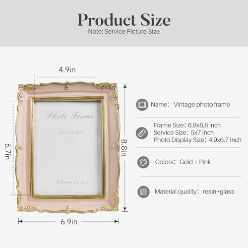 Cuspin 5x7 Picture Frame Pink and Gold Ornate Vintage Resin Photo Frame - Image 5