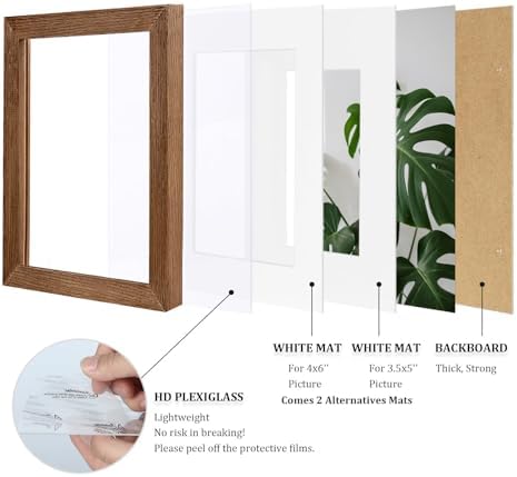 Egofine 5x7 Picture Frames Set of 4, Made of Solid Wood Covered by Plexiglass 3.5x5 and 4x6 with Mat or 5x7 without Mat, for Table Top Display and Wall Mounting Photo Frame,Walnut Brown - Image 4