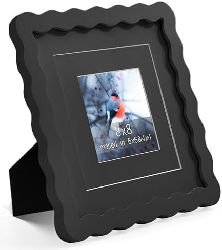 8x8 Black Picture Frame with Mat for 6x6/4x4, Curved Wavy Edge Deco Wooden Real Glass, Vertical or Horizontal Display Photo Gallery Wall & Tabletop Frame by Gdfmsc