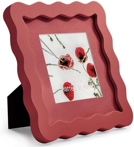 6x6 Red Picture Frame with Mat for 4x4, Curved Wavy Edge Deco Wooden Real Glass, Vertical or Horizontal Display Photo Gallery Wall & Tabletop Frame by Gdfmsc