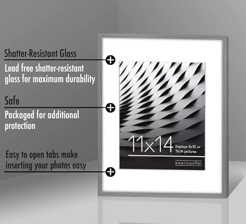 Americanflat 11x14 Picture Frame with Shatter-Resistant Glass - Use as 8x10 Frame with Mat or Display 11x14 Photo Without Mat - Streamline Collection - Thin Border Picture Frames for Wall - Grey - Image 4
