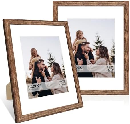 11x14 Picture Frame Set of 2, 11 x 14 Wood Photo Frames with Mat for 8x10, Natural Wooden Frame with Real Glass Cover for Wall and Tabletop Display,Rustic Brown by CCDCC