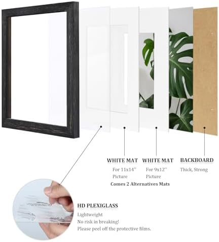 Egofine 12x16 Picture Frames Set of 4, Made of Solid Wood Covered by Plexiglass 9x12 and 11x14 with Mat or 12x16 without Mat, for Wall Mounting Photo Frame, Driftwood Black - Image 5