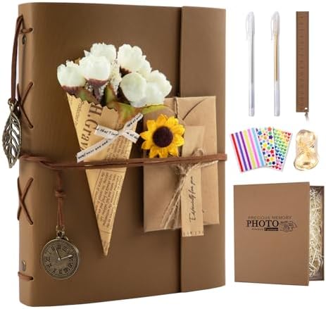 Scrapbook Photo Album 100 Pages, 60 Page Self Adhesive+40 Page Kraft Paper DIY Photo Book for 2x3 3x5 4x6 5x7 Pictures, Leather Memory Book for Wedding Baby Family Travel Birthday Christmas by ALKALO