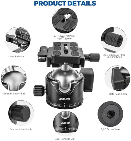 CAVIX Lever Tripod Ball Head, Low Gravity Metal Ball Head Camera Tripod Head 44lbs/20kg Load, Panoramic Ball Head, with 1/4" Arca Swiss Quick Release Plate for Tripod, Monopod, DSLR, Camera(H-46F). - Image 4