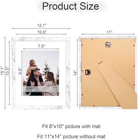 11x14 Picture Frame Set of 2, 11 x 14 Wood Photo Frames with Mat for 8x10, Rustic Natural Wooden Frame with Real Glass Cover for Wall and Tabletop Display,Distressed White - Image 5
