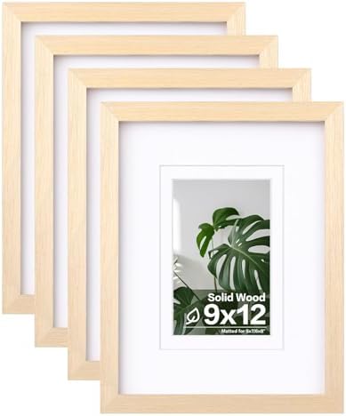 Egofine 9x12 Picture Frames Set of 4, Made of Solid Wood Covered by Plexiglass 5x7 and 6x8 with Mat or 9x12 without Mat, for Table Top Display and Wall Mounting Photo Frame Oak Wood by Egofine