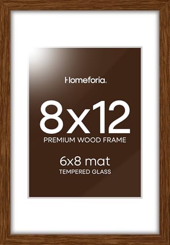 Homeforia 12x8 Picture Frame Brown, High End Dark Oak 12x8 Walnut Wooden Frames with Mat 6x8 Photo, 12 x 8 Wood Frame Matted to 6 by 8 Print, Wall or Tabletop Frame, Tempered Glass, Wall Kit, Set of 1 by Homeforia