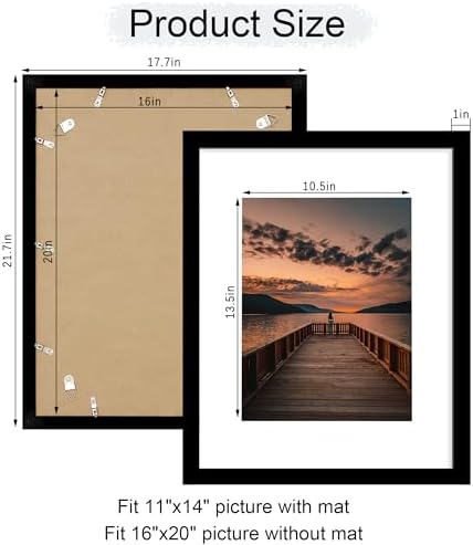 16x20 Poster Frame Set of 2, 16 x 20 Wood Picture Frames with Mat for 11x14, Wooden Photo Frame with Tempered Glass Cover for Wall Mounting Display, Black - Image 5