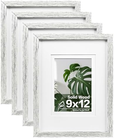 Egofine 9x12 Picture Frames Set of 4, Made of Solid Wood Covered by Plexiglass 5x7 and 6x8 with Mat or 9x12 without Mat, for Table Top Display and Wall Mounting Photo Frame Driftwood White by Egofine