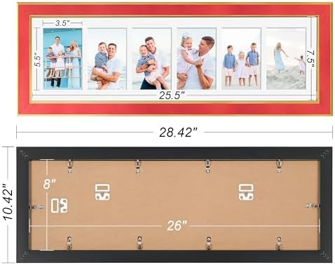 Suede 8x26 Picture Frame Display 6 Opening 4x6 Picture Frames Collage Wall Decor with Mat,Multi Photo Frame for Plexiglass,Wall Decor,1Pack,Red - Image 4