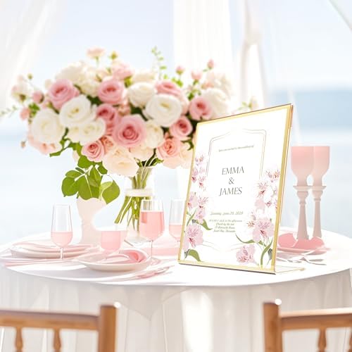 Acrylic Gold Frames 5X7, Slanted Back Gold Picture Frames Table Acrylic Sign Holder for Photos Wedding Table Numbers and Art Display with Removable Clear Sticky Dots，6 Pack - Image 3