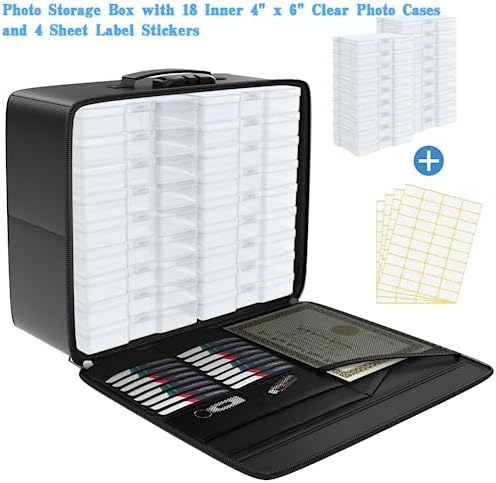 Fireproof Safe Photo Storage Box with 18 Inner 4" x 6" Clear Photo Cases, Portable Photo Organizer with Lock for Picture, Collapsible Photo Container with Handle and 18 Boxes 4 Sheet Label Stickers - Image 2