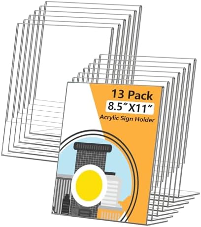 13 Pack Acrylic Sign Holder 8.5x11, L-Shape Clear Plastic Display Stands for Tabletop, Slanted Back Menu Flyer Paper Photo Picture Frame Display Stand for Restaurants Office Store Show Fair by Unknown