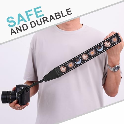 Padwa Lifestyle Night Sun God Camera Strap - 2" Full Grain Leather Ends Camera Straps for Photographers, Vintage Embroidered Cotton Soft Suede Fabric Padded Strap Quick Release fits All Cameras - Image 4