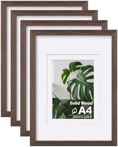 Egofine A4 Picture Frames Set of 4, Made of Solid Wood Covered by Plexiglass 5x7 and 6x8 with Mat or A4 without Mat, for Table Top Display and Wall Mounting Photo Frame Brown by Egofine