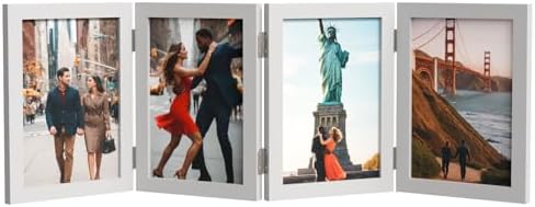 WARM&LOVE 4 Picture Frame, 4x6 Four Folding Hinged Photo Frames, Rustic Wood Desk Family Photo Collage Stand Vertical on Tabletop for Birthday Family Lover Gift (White) by WarmLove