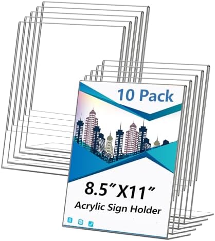 Acrylic Sign Holder 8.5x11 Inches, 10 Pack Clear Plastic Table Flyer Display Stand, L-Shape Vertical Menu Paper Holder Stand, Clear Picture Photo Flyer Display Stand for Restaurants, Store Fair,Office by Unknown