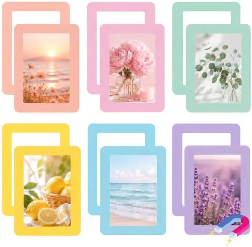 12 Pack Pastel Magnetic Picture Frames 4x6 - Macaron Soft Tones Minimalist Magnet Photo Borders for Refrigerator, Locker, Classroom & Office Decor - Open Face Aesthetic Home Accessories by Mindoub