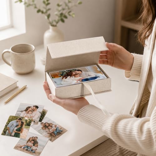 Vienrose Small Photo Storage Box, 4"x6", Linen Postcard Keeper, Beige - Image 3