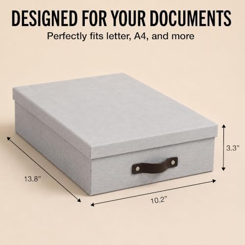 Bigso Oskar Canvas Fiberboard Document Letter Box - File Organizer Box for Important Paperwork - Document Storage with a Lid & Leather Handle - 3.3 in x 10.2 in x 13.8 in - 3 Pack - Ash - Image 4