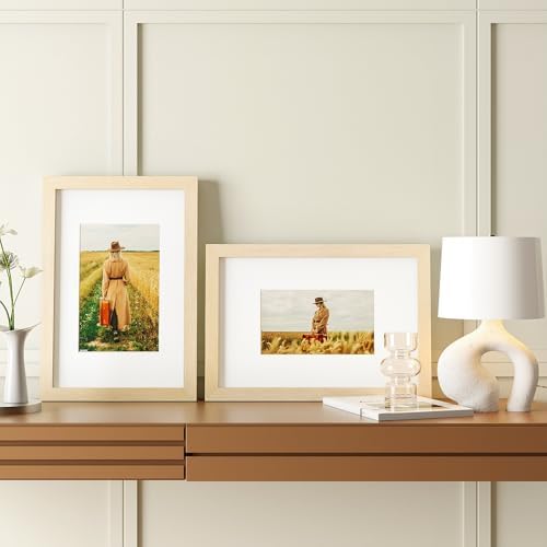 Egofine 8x12 Picture Frames Set of 4, Made of Solid Wood Covered by Plexiglass 5x7 and 6x8 with Mat or 8x12 without Mat, for Table Top Display and Wall Mounting Photo Frame Oak Wood - Image 5