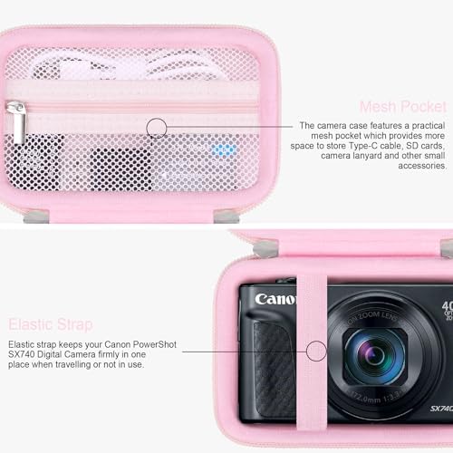 RAIALL Carrying Case for Canon PowerShot SX740 / SX730/ SX720 / SX710/ SX610 HS Digital Camera, Vlogging Camera Travel Hard Bag, Mesh Pocket for Battery, SD Cards and USB Cable, Pink - Image 4