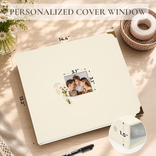 Vienrose Large 3 Ring Scrapbook Album 14.2 x 13 Inch, Textured Paper Cover DIY Photo Album with 40 Plastic Sleeves for Photos Baby Travel Wedding Anniversary Beige - Image 2