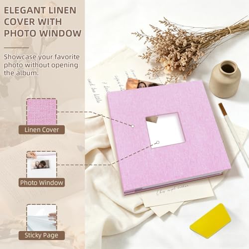 Popotop Photo Album Self Adhesive with Picture Display Window,40 Pages DIY Scrapbooking Supplies Kit for 4x6 8x10 Picture,Linen Cover Memory Book for Baby Wedding, with Scraper and Metallic Pen - Image 3