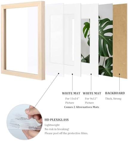 Egofine 12x16 Picture Frames Set of 4, Made of Solid Wood Covered by Plexiglass 9x12 and 11x14 with Mat or 12x16 without Mat, for Wall Mounting Photo Frame Oak Wood - Image 4