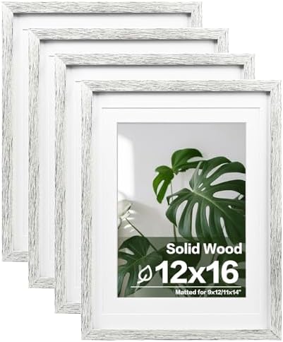 Egofine 12x16 Picture Frames Set of 4, Made of Solid Wood Covered by Plexiglass 9x12 and 11x14 with Mat or 12x16 without Mat, for Wall Mounting Photo Frame Driftwood White by Egofine